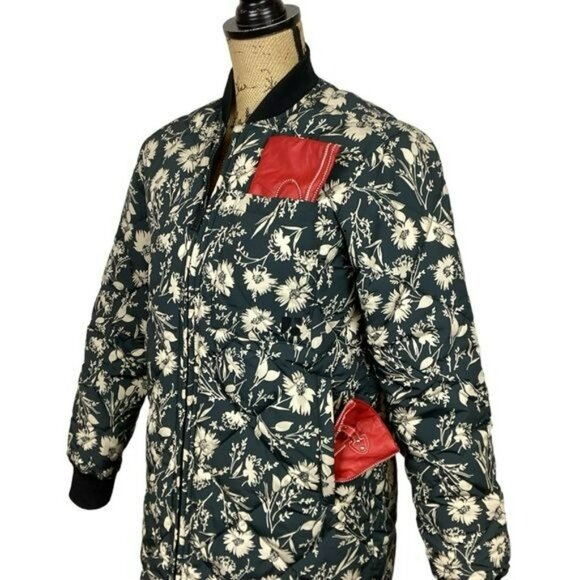 Frank & Oak Reversible Floral Black & White Long Bomber Jacket Womans Small - Picture 11 of 15